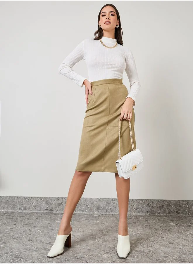 Styli Faux Suede Midi Skirt with Side Slit