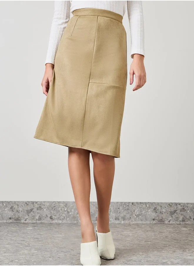 Styli Faux Suede Midi Skirt with Side Slit