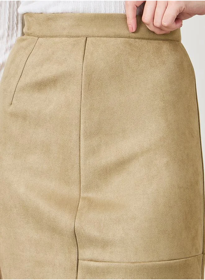 Styli Faux Suede Midi Skirt with Side Slit