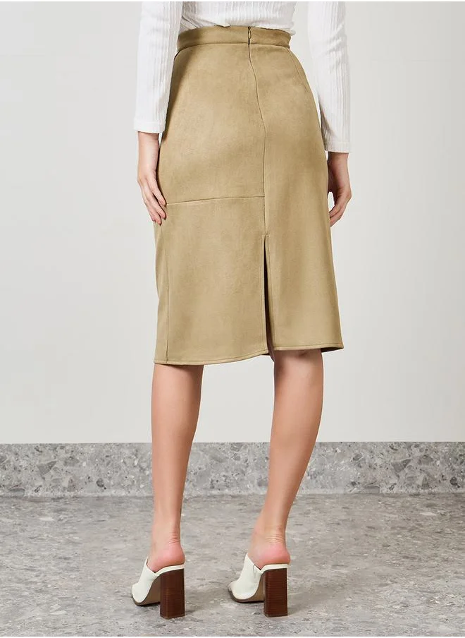 Styli Faux Suede Midi Skirt with Side Slit