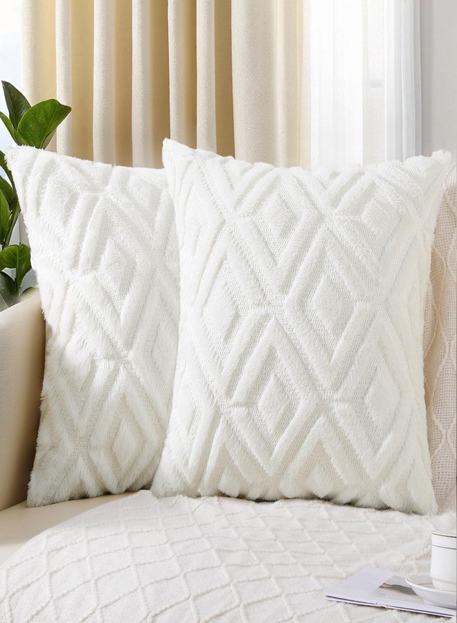 Pallene Soft Faux Fur Throw Pillow Covers 18x18 Set of 2 - Plush Wool Decorative Couch Pillow Covers for Sofa Bed Living Room - with 3D Diamond Pattern - Cream White - Image 1