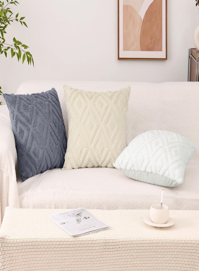Pallene Soft Faux Fur Throw Pillow Covers 18x18 Set of 2 - Plush Wool Decorative Couch Pillow Covers for Sofa Bed Living Room - with 3D Diamond Pattern - Cream White - Image 4