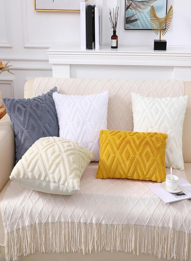 Pallene Soft Faux Fur Throw Pillow Covers 18x18 Set of 2 - Plush Wool Decorative Couch Pillow Covers for Sofa Bed Living Room - with 3D Diamond Pattern - Cream White - Image 5