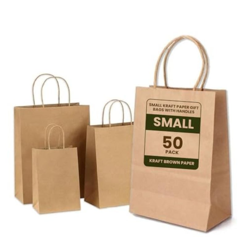 Kraft Paper Bags - Pack Of 50 Craft Small Paper Grocery Bags With Handles For Shopping, Party, Birthday, Wedding Gift, Retail, Merchandies Ecofreindly Reusable Brown 20X11X27 Cm - Image 2