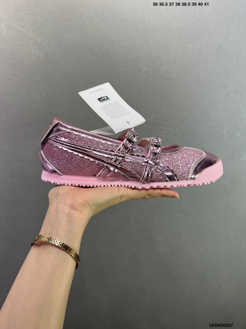 ON Women's Ballet-Style Mary Jane Casual Shoes with Glitter Detail, Low Heel, Leather Upper, Lightweight Round Toe, Buckle Closure - Image 1