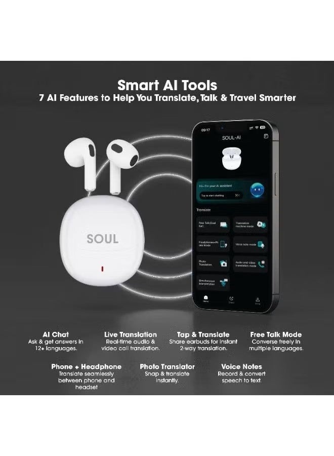 إكسيل سماعات أذن Xcell SOUL-AI الذكية للترجمة - ترجمة فورية للمكالمات والفيديو بأكثر من 160 لغة، مساعد ذكي، ترجمة الصور والصوت، صوت عالي الجودة بتقنية بلوتوث 5.4، بطارية تدوم 6 ساعات، لون أبيض - Image 5