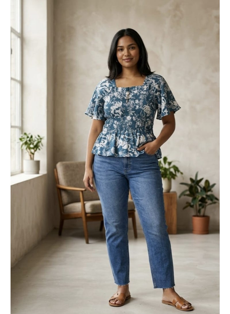 Womens Floral Print Square Neck Short Sleeve  Tunic Top Blue and White
