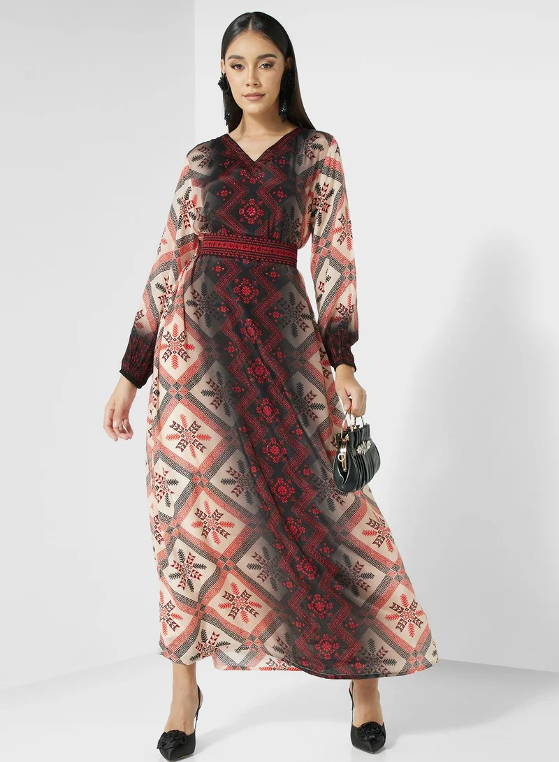 كشخة V-Neck Floral Print Jalabiya