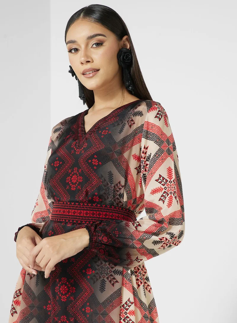 كشخة V-Neck Floral Print Jalabiya