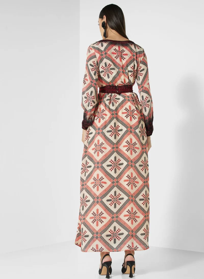 كشخة V-Neck Floral Print Jalabiya