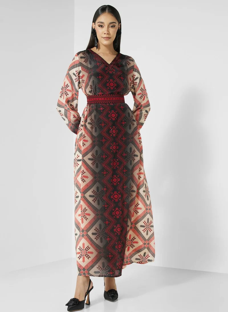 كشخة V-Neck Floral Print Jalabiya
