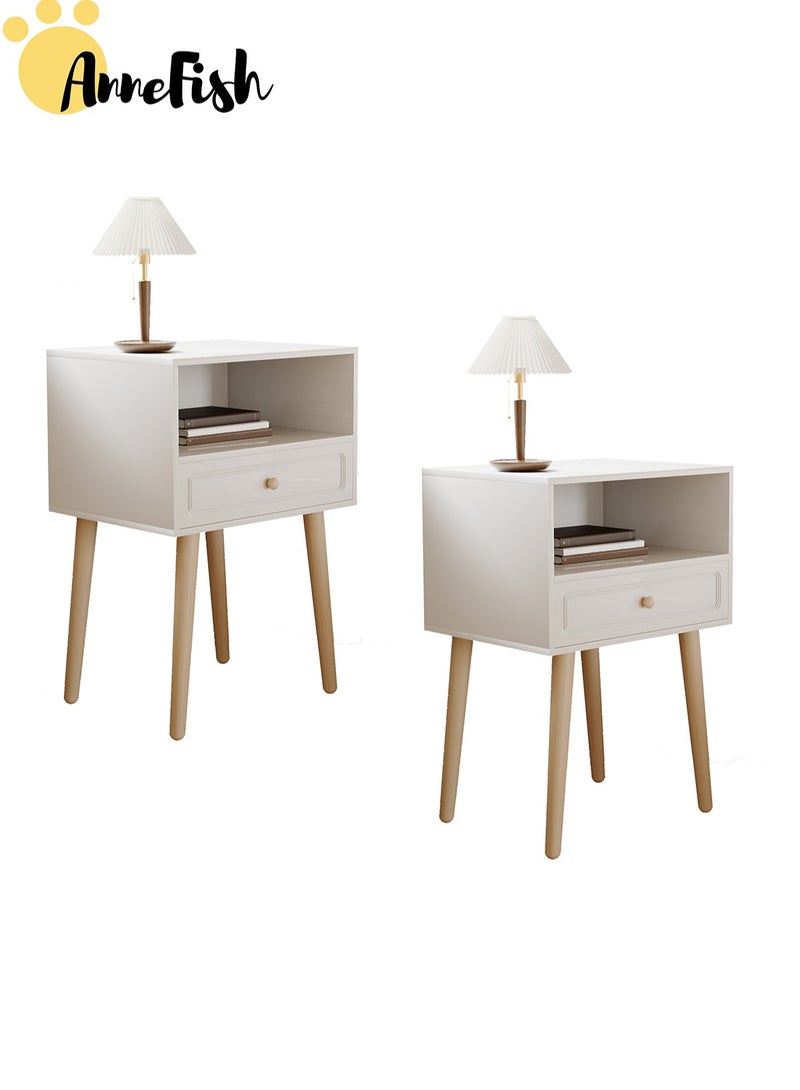 AnneFish 2pcs 45*34*60cm Nightstand with Drawer Home Bedside Table 2-Tier Modern Nightstands End Coffee Table with Open Storage Shelf for Bedrooms - Image 1