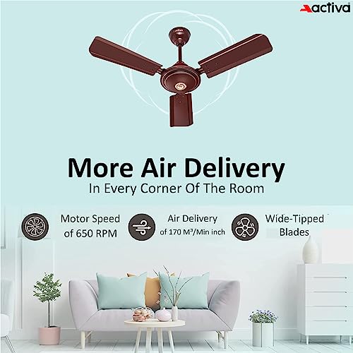 ACTIVA Apsara 900mm Ceiling Fan, 650 RPM High Speed Air Delivery, 3 Wide Tipped Blades, Anti Dust Coating, 60 Watt Motor, 2 Years Warranty (Brown) - Image 4