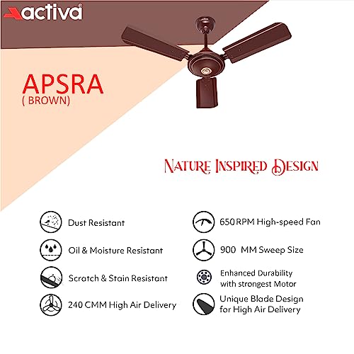 ACTIVA Apsara 900mm Ceiling Fan, 650 RPM High Speed Air Delivery, 3 Wide Tipped Blades, Anti Dust Coating, 60 Watt Motor, 2 Years Warranty (Brown) - Image 2