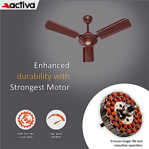 ACTIVA Apsara 900mm Ceiling Fan, 650 RPM High Speed Air Delivery, 3 Wide Tipped Blades, Anti Dust Coating, 60 Watt Motor, 2 Years Warranty (Brown) - Image 3