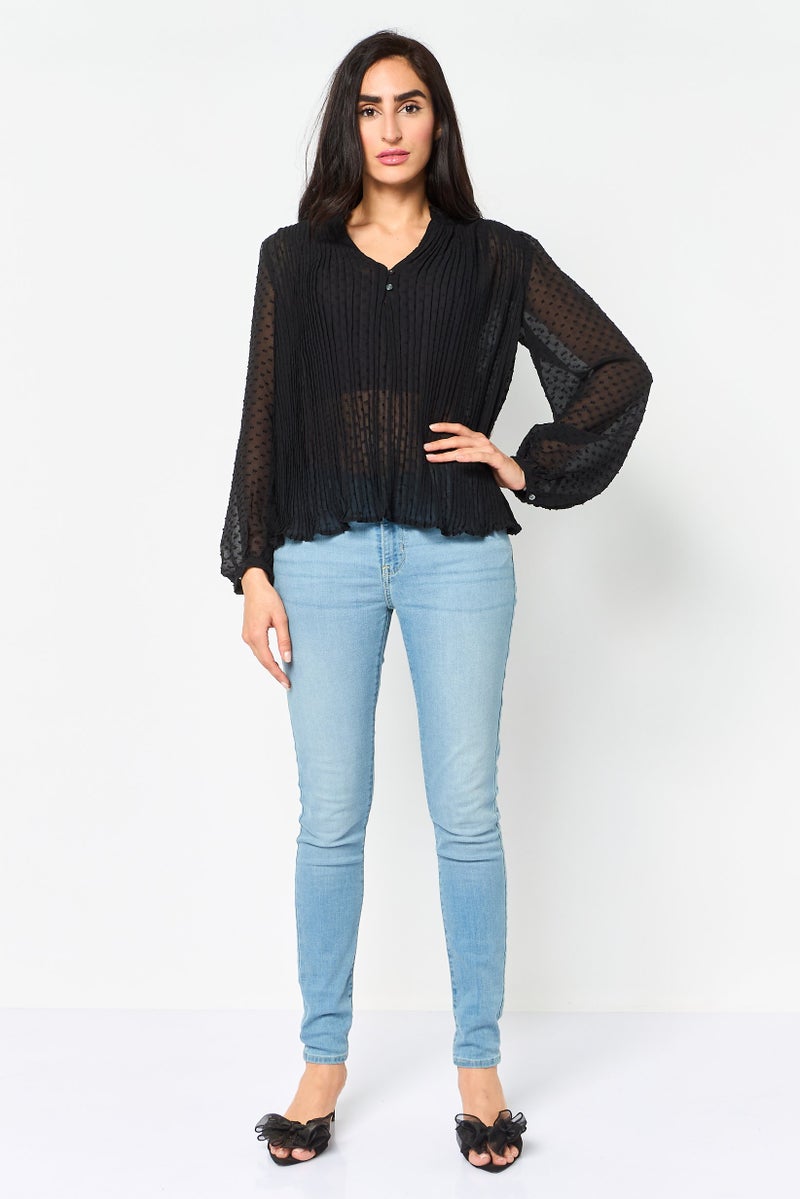 GAP Women Split Neck Long Sleeve Pleated Top, Black - Image 2
