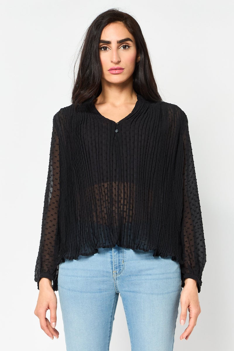 GAP Women Split Neck Long Sleeve Pleated Top, Black - Image 1