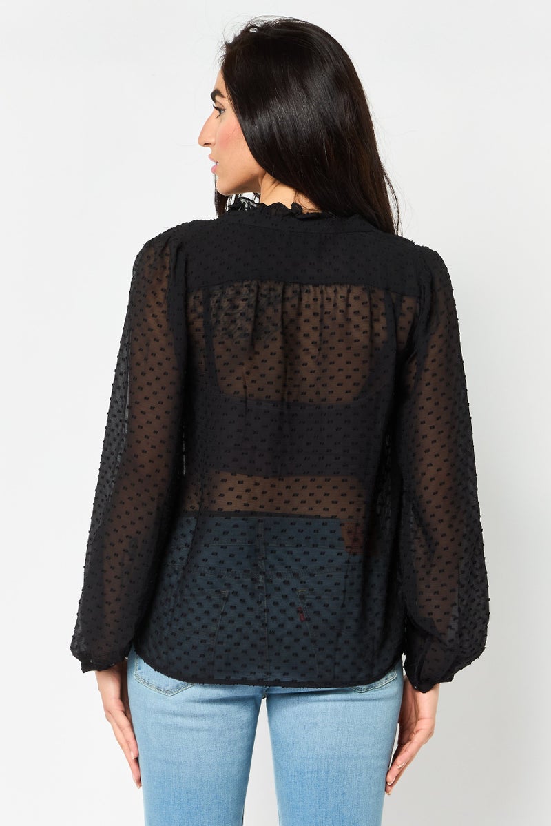 GAP Women Split Neck Long Sleeve Pleated Top, Black - Image 4