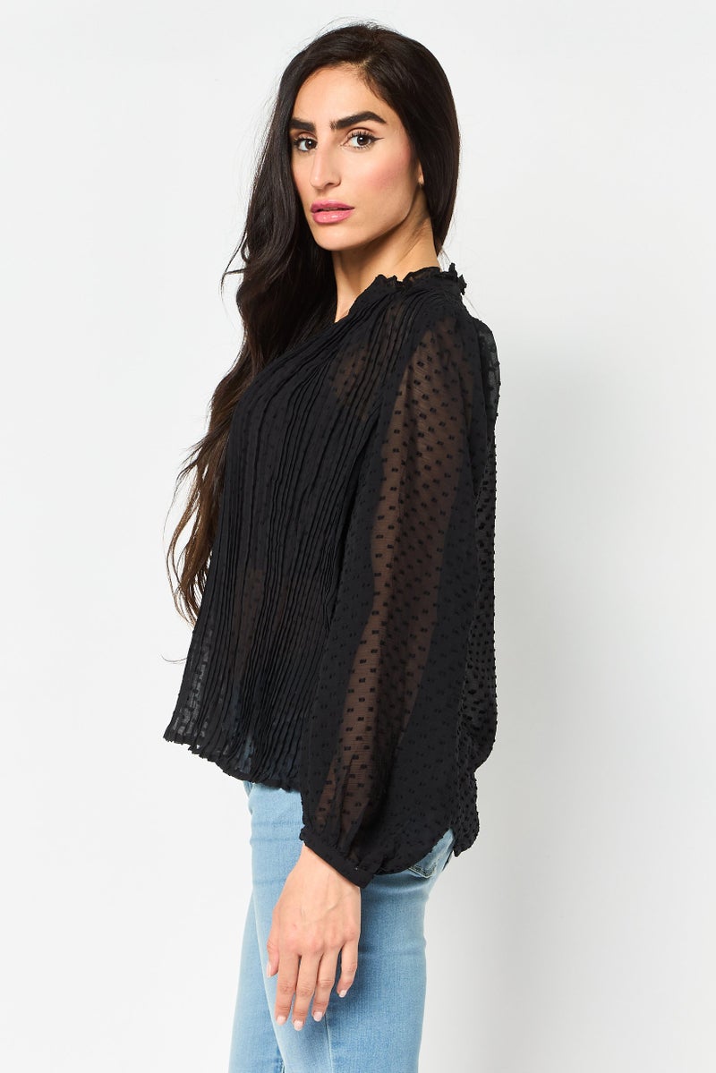 GAP Women Split Neck Long Sleeve Pleated Top, Black - Image 3