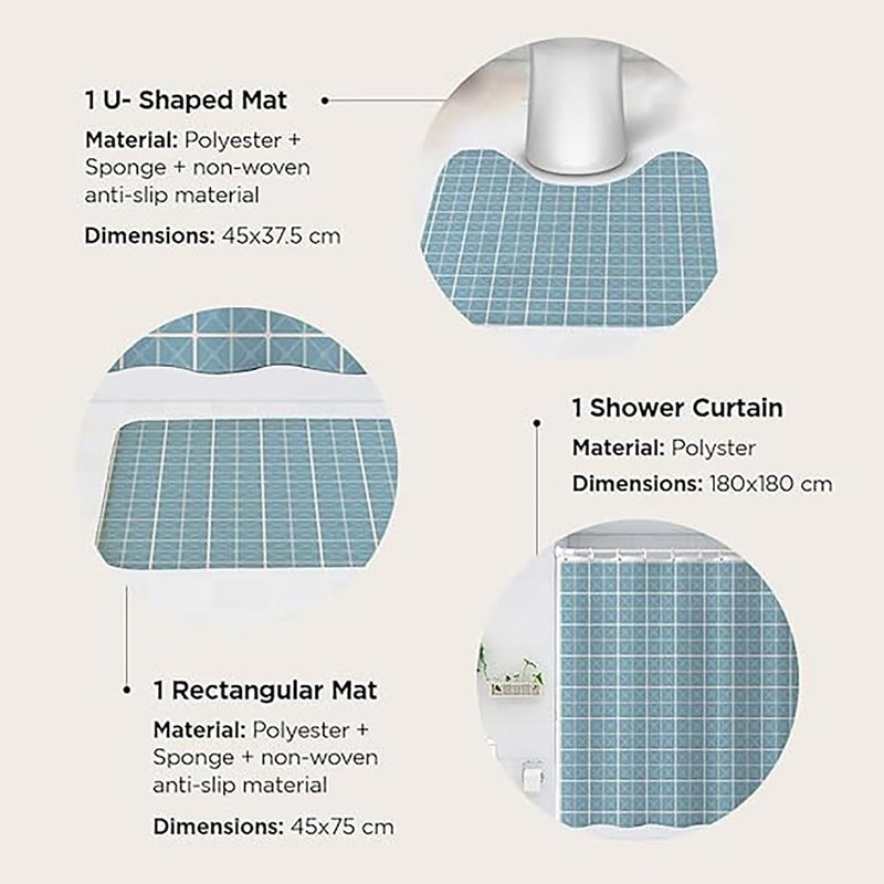 Kuber Industries Kuber Industries Shower Curtain & Bathmat Set | Non-Slip Bath mats for Bathroom | Easy-Slide Curtains | Polyester Curtain or Bathmat for Bath D?cor | YX0150-3T | 3 Pcs Set | Multicolor  - Image 3