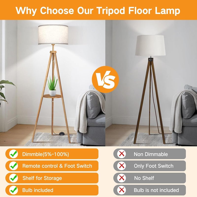 OUTON Wooden Tripod Floor Lamp with Shelf, 4 Colour temperatures Mid Century Modern Dimmable LED Floor Lamp with Remote & ‎Foot Switch, Tall Standing Lamp for Living Room Bedroom Office, Wood - Image 4