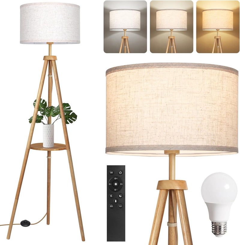 OUTON Wooden Tripod Floor Lamp with Shelf, 4 Colour temperatures Mid Century Modern Dimmable LED Floor Lamp with Remote & ‎Foot Switch, Tall Standing Lamp for Living Room Bedroom Office, Wood - Image 1