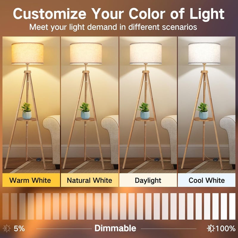 OUTON Wooden Tripod Floor Lamp with Shelf, 4 Colour temperatures Mid Century Modern Dimmable LED Floor Lamp with Remote & ‎Foot Switch, Tall Standing Lamp for Living Room Bedroom Office, Wood - Image 2