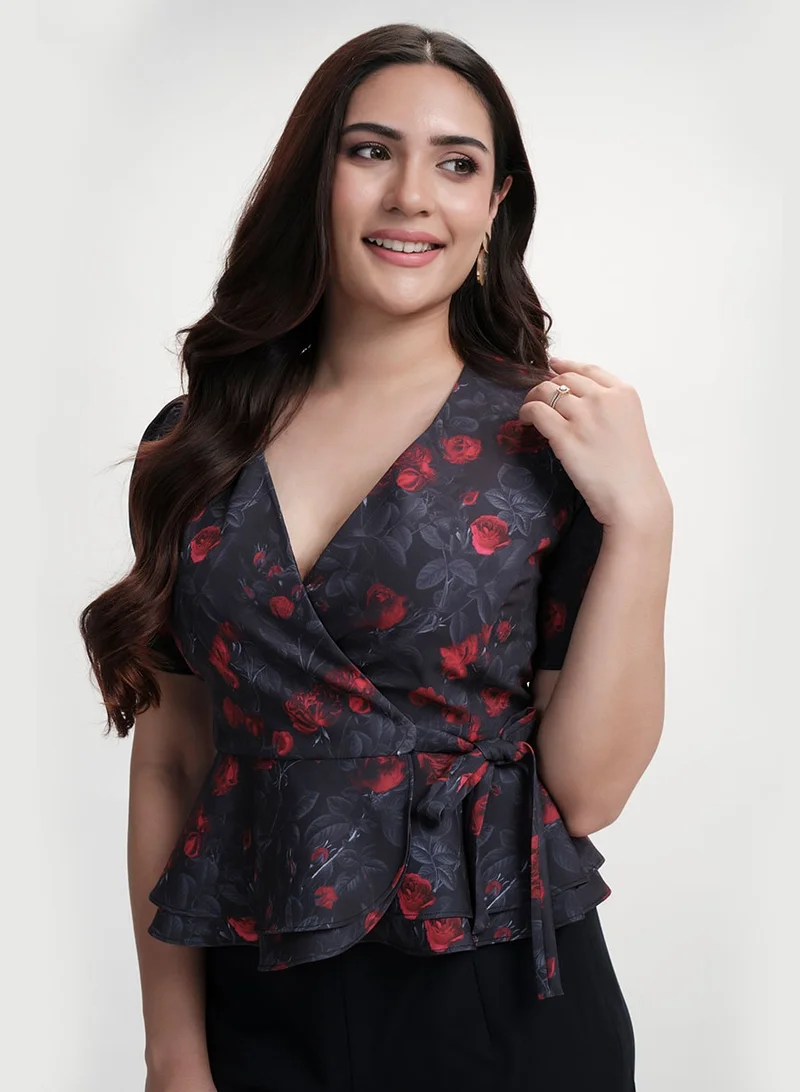 Zigzag Vneck Half Sleeve Printed Black Peplum Top