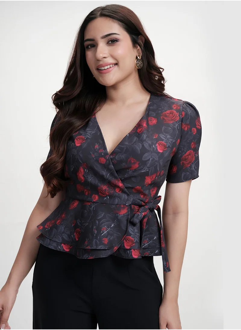 Zigzag Vneck Half Sleeve Printed Black Peplum Top