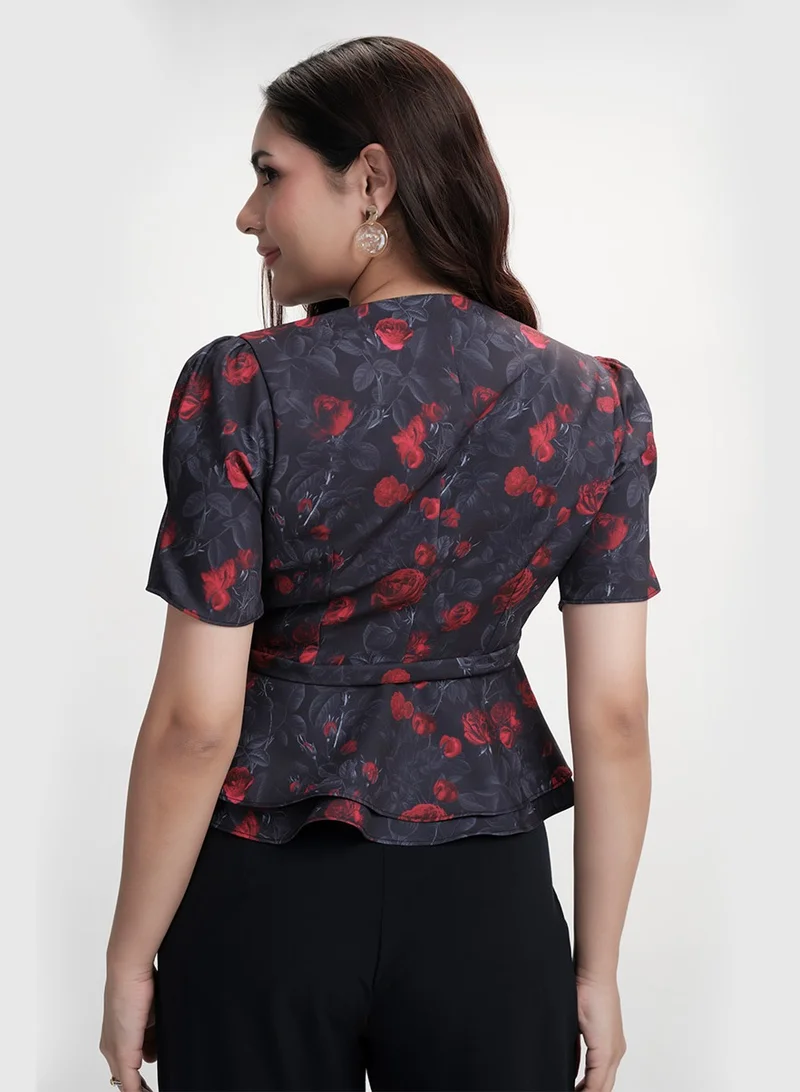Zigzag Vneck Half Sleeve Printed Black Peplum Top