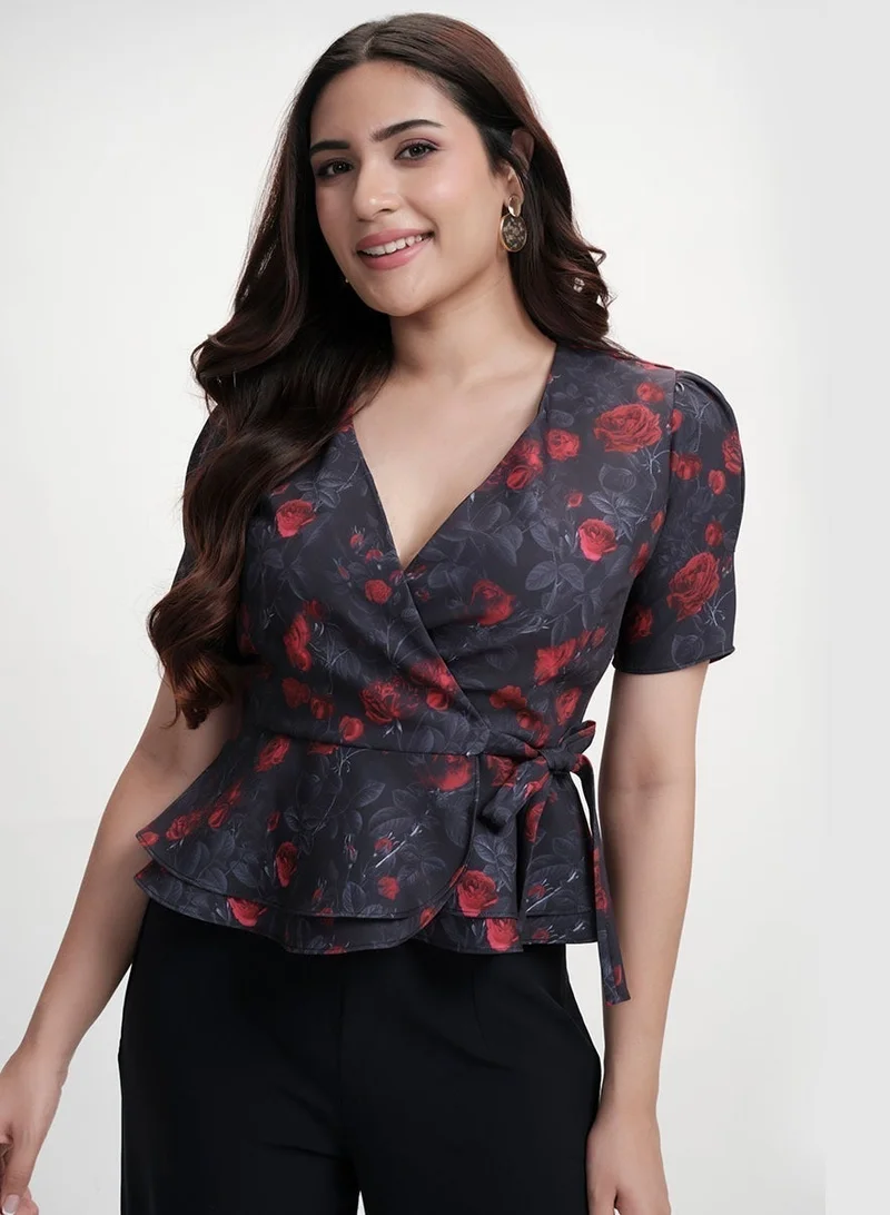 Zigzag Vneck Half Sleeve Printed Black Peplum Top