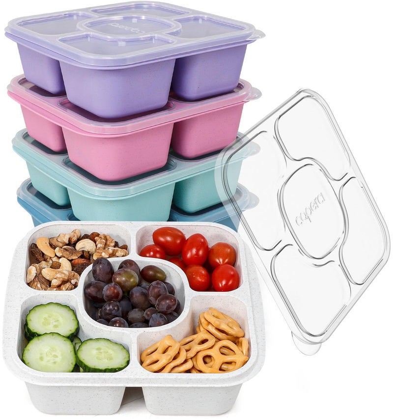 Caperci 5-Pack Lunchable Container Set for Kids & Adults - Reusable Bento Snack Box Containers with 5-Compartment for Food Storage & Meal Prep, Wheat Straw, BPA-Free (Dark & Clear Lids) - Image 1