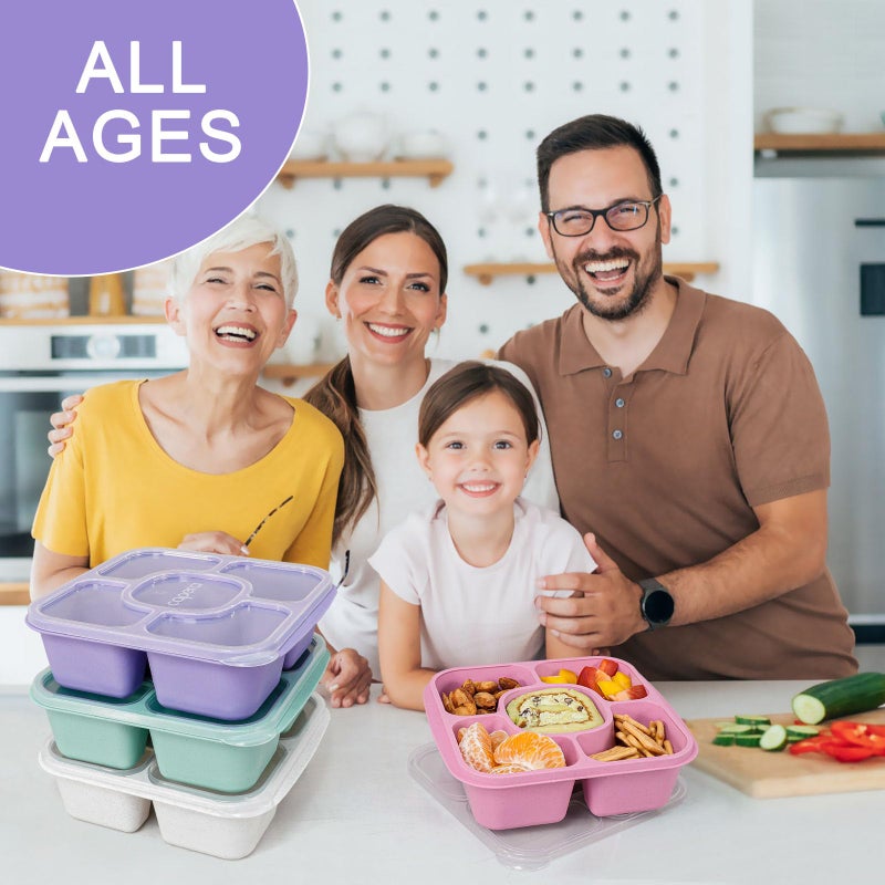 Caperci 5-Pack Lunchable Container Set for Kids & Adults - Reusable Bento Snack Box Containers with 5-Compartment for Food Storage & Meal Prep, Wheat Straw, BPA-Free (Dark & Clear Lids) - Image 5