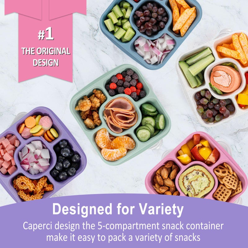 Caperci 5-Pack Lunchable Container Set for Kids & Adults - Reusable Bento Snack Box Containers with 5-Compartment for Food Storage & Meal Prep, Wheat Straw, BPA-Free (Dark & Clear Lids) - Image 2