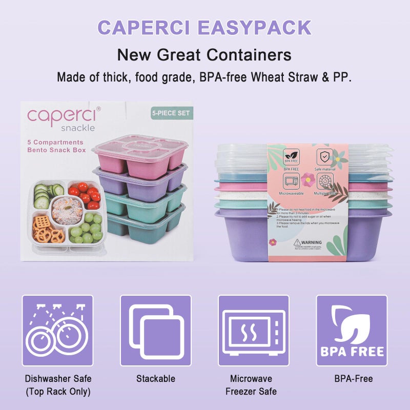 Caperci 5-Pack Lunchable Container Set for Kids & Adults - Reusable Bento Snack Box Containers with 5-Compartment for Food Storage & Meal Prep, Wheat Straw, BPA-Free (Dark & Clear Lids) - Image 3