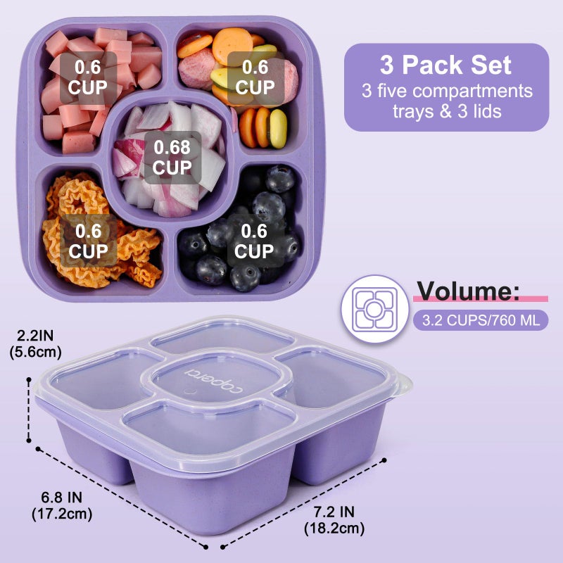Caperci 5-Pack Lunchable Container Set for Kids & Adults - Reusable Bento Snack Box Containers with 5-Compartment for Food Storage & Meal Prep, Wheat Straw, BPA-Free (Dark & Clear Lids) - Image 4