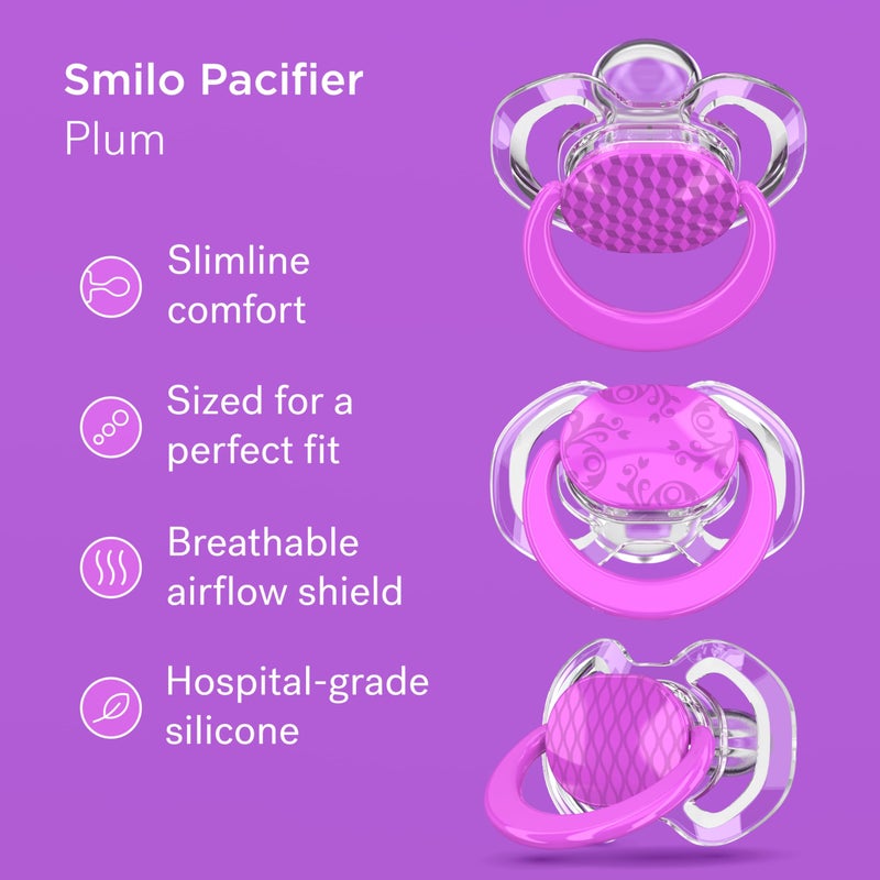 Smilo Baby Pacifier with Orthodontic Design for Healthy Dental Development - Stage 2 for Babies 3-9 Months - Pack of 3X 100% Silicone Pacifiers BPA Free - Plum Purple - Image 2