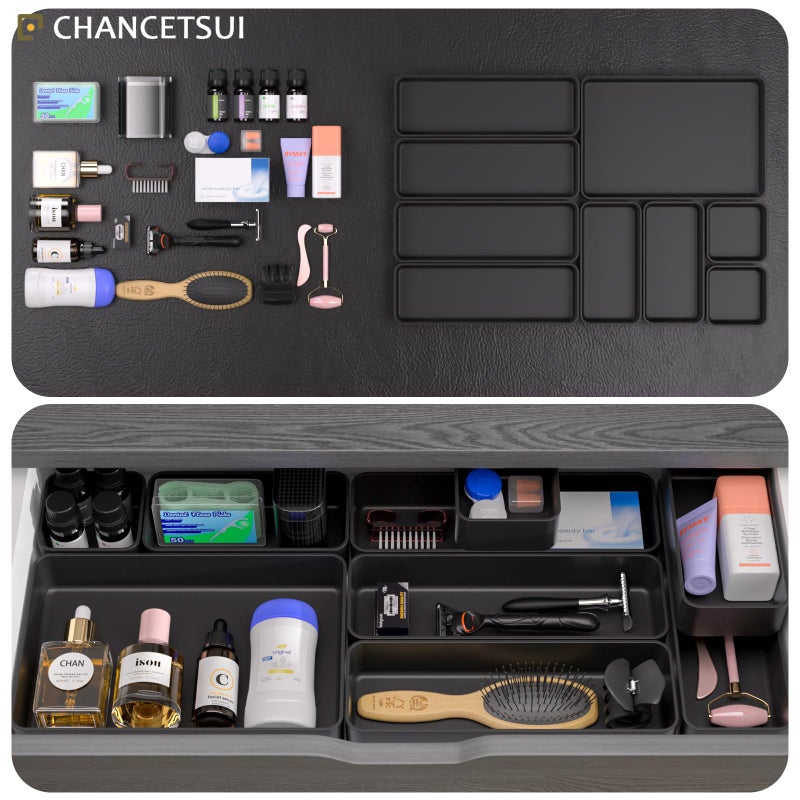 CHANCETSUI 9 Pcs Stackable Drawer Organizer Trays Set, Multifunctional Stackable Storage Trays for Vanity, Bathroom, Kitchen, Desk Drawer Organizer Office. Plastic Drawer Organizers Available In 5 Colours, Black - Image 4