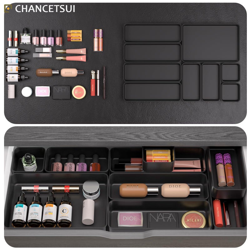 CHANCETSUI 9 Pcs Stackable Drawer Organizer Trays Set, Multifunctional Stackable Storage Trays for Vanity, Bathroom, Kitchen, Desk Drawer Organizer Office. Plastic Drawer Organizers Available In 5 Colours, Black - Image 3