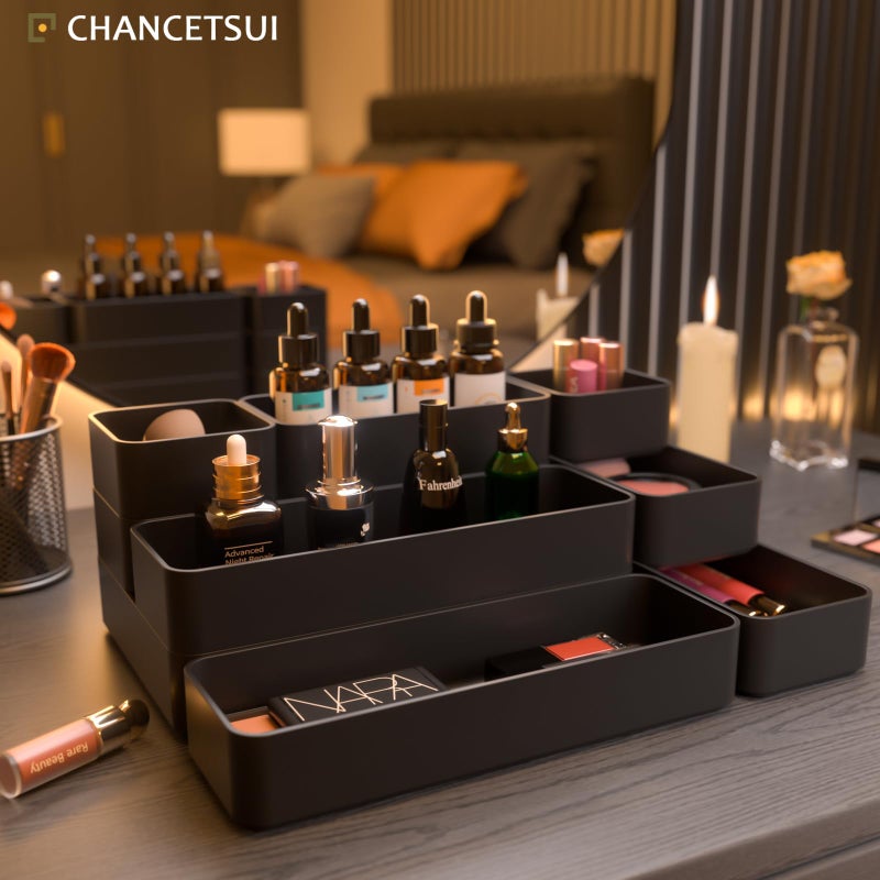CHANCETSUI 9 Pcs Stackable Drawer Organizer Trays Set, Multifunctional Stackable Storage Trays for Vanity, Bathroom, Kitchen, Desk Drawer Organizer Office. Plastic Drawer Organizers Available In 5 Colours, Black - Image 2