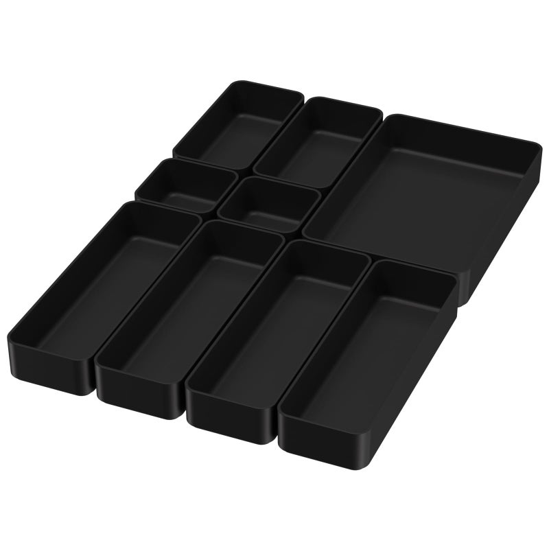 CHANCETSUI 9 Pcs Stackable Drawer Organizer Trays Set, Multifunctional Stackable Storage Trays for Vanity, Bathroom, Kitchen, Desk Drawer Organizer Office. Plastic Drawer Organizers Available In 5 Colours, Black - Image 1