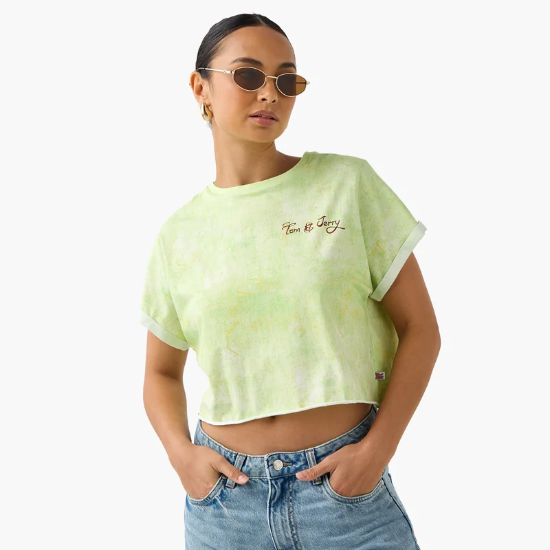 SP Characters Tom and Jerry Print Crop T-shirt with Extended Sleeves