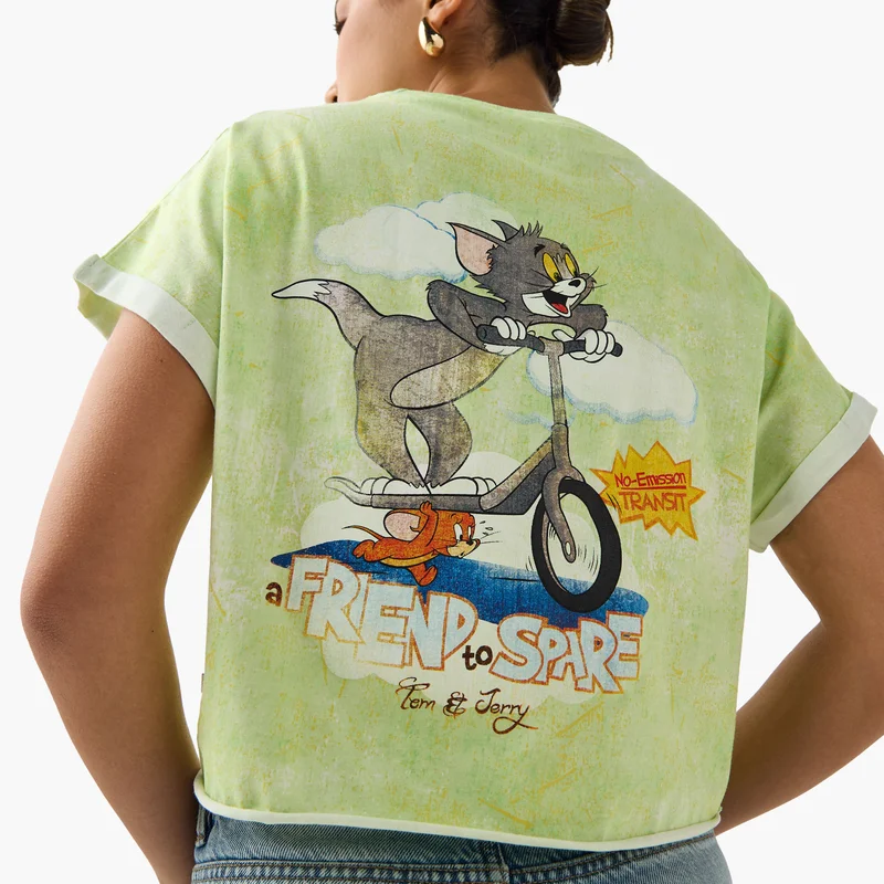 SP Characters Tom and Jerry Print Crop T-shirt with Extended Sleeves