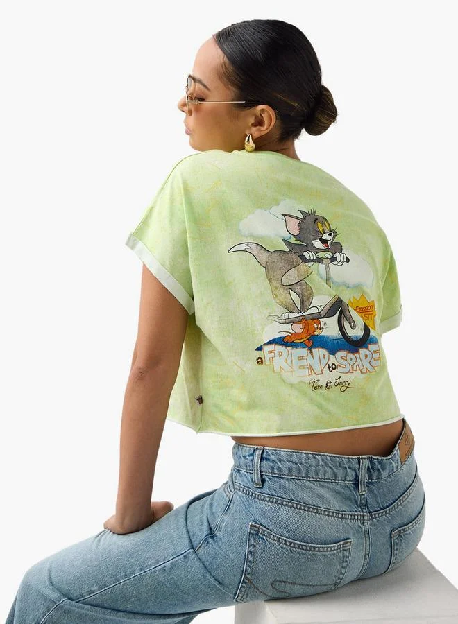 SP Characters Tom and Jerry Print Crop T-shirt with Extended Sleeves