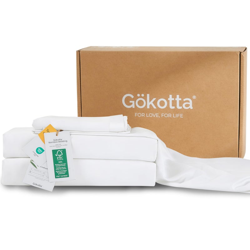 GOKOTTA King Size Sheets Set - FSC & Oeko-TEX Certified - 100% Rayon Derived from Bamboo - 430 Thread Count 16'' Deep Pocket with Elastic Corner Straps - Pure White - Image 1