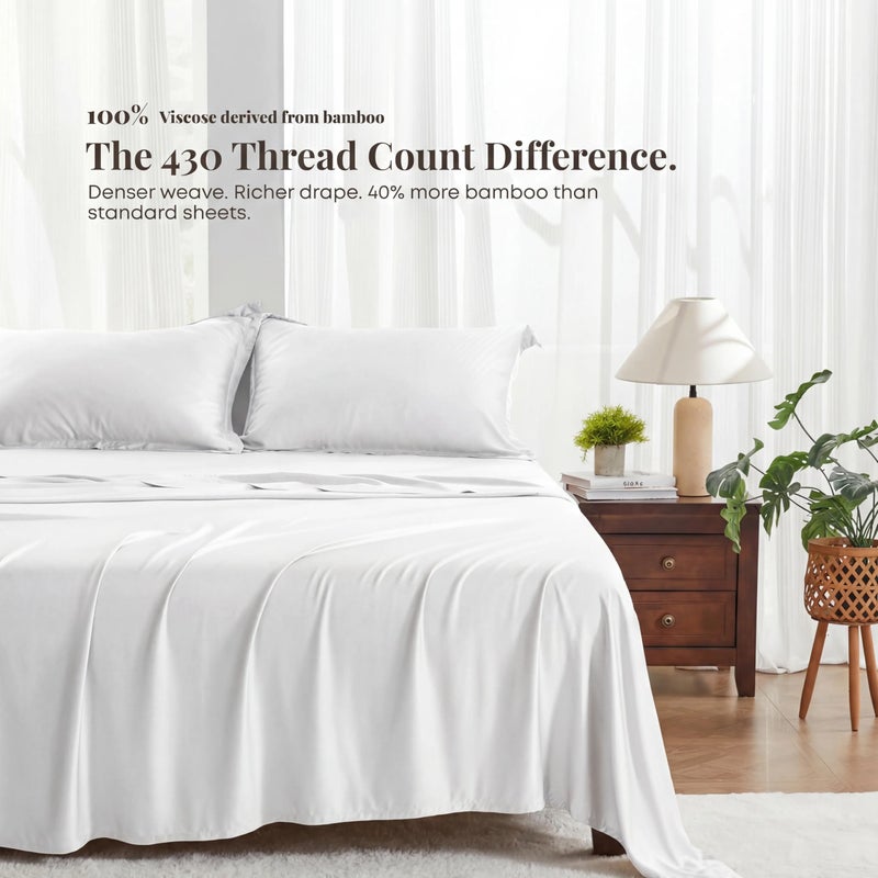 GOKOTTA King Size Sheets Set - FSC & Oeko-TEX Certified - 100% Rayon Derived from Bamboo - 430 Thread Count 16'' Deep Pocket with Elastic Corner Straps - Pure White - Image 3
