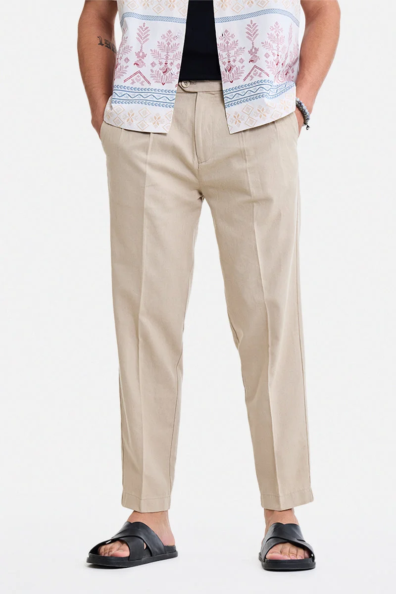 SNITCH Light Khaki Textured Regular Fit Trousers