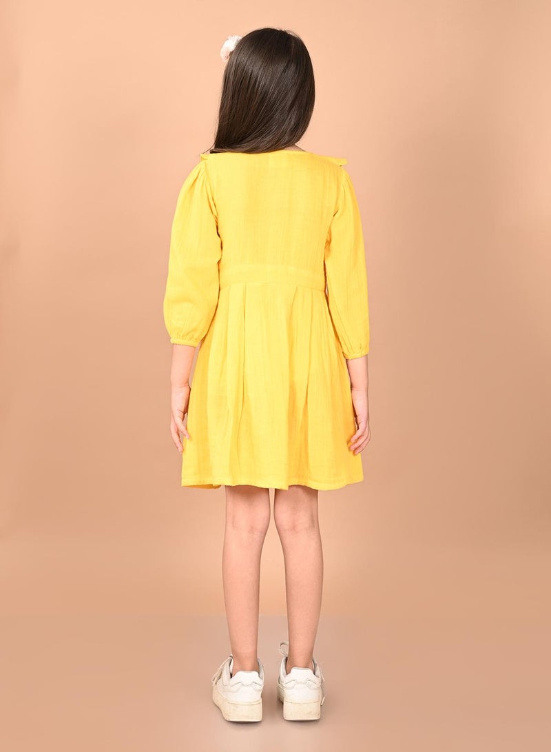 LILPICKS Yellow Dresses Straight Fit made from Cotton featuring Self Design design and Round Neck neckline - Perfect for Festive! - Image 3