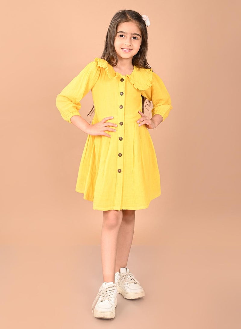LILPICKS Yellow Dresses Straight Fit made from Cotton featuring Self Design design and Round Neck neckline - Perfect for Festive! - Image 1