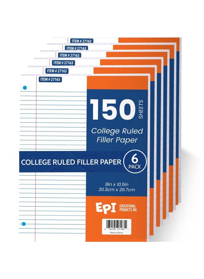 EPI Filler Paper, College Ruled Loose Leaf, 150 Sheet, 10.5 x 8 Inch, Pack of 6 - Image 1
